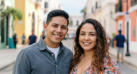 Smiling hispanic young adults on a colorful urban street sceneの素材