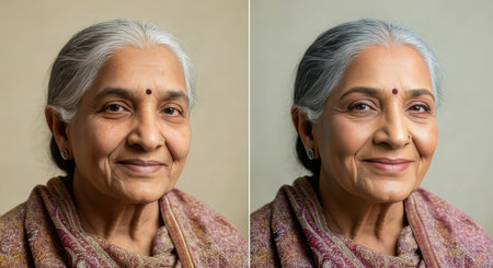 Portrait of elderly indian woman smiling, emphasizing warmth and graceful agingの素材