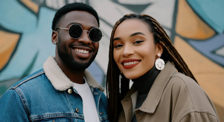 Smiling african american couple posing in front of urban street art wallの素材