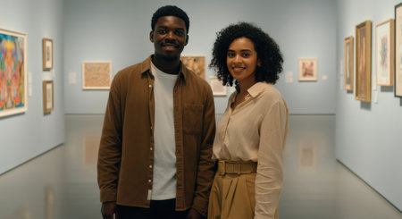 Young african american adults exploring art in modern gallery for cultural enrichmentの素材