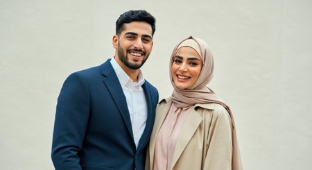 Confident middle eastern young adults embracing cultural heritage in modern attireの素材