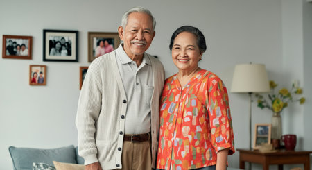Happy elderly asian couple posing in cozy living room environmentの素材
