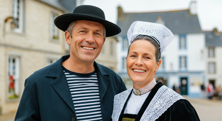 Traditional breton couple in authentic regional attire smiling in quaint village settingの素材