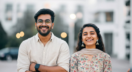 Joyful young south asian couple outdoors celebrating life and happinessの素材