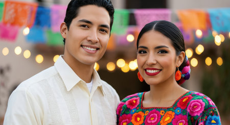 Hispanic heritage celebration with smiling young adults in colorful traditional attireの素材