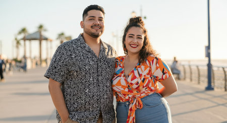 Smiling hispanic couple enjoying a sunny day on the beachfront boardwalkの素材
