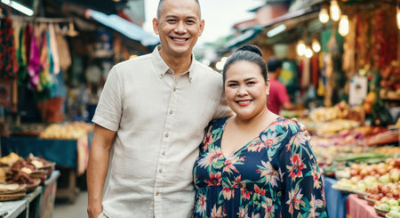 Asian adult couple enjoying a vibrant market experience with colorful backgroundの素材