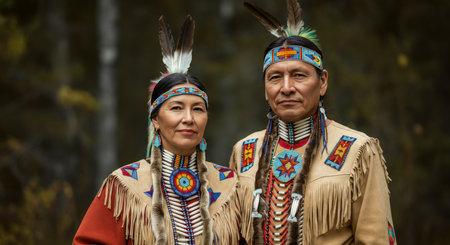 Native american couple in traditional regalia in forest setting for cultural and educational projectsの素材
