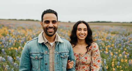 Happy hispanic couple enjoying a day in a blooming wildflower fieldの素材
