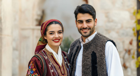 Traditional cultural attire of young caucasian male and female in historical setting for heritage representationの素材