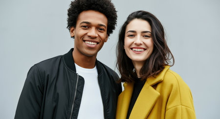 Diverse young adult couple smiling in casual urban apparelの素材