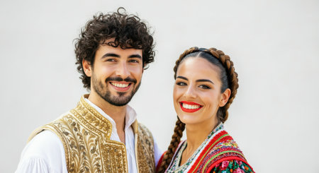 Traditional european cultural attire on smiling young adult couple celebrating heritageの素材