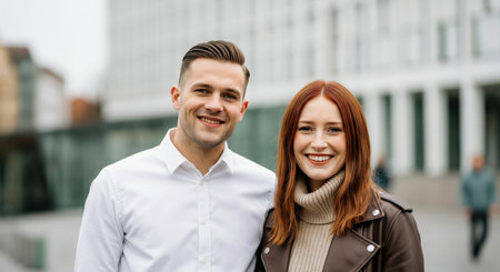 Young caucasian couple smiling outdoors in urban setting for autumn fashion and lifestyleの素材