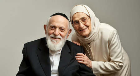 Elderly caucasian jewish couple in traditional attire smiling warmlyの素材