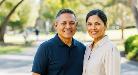Smiling hispanic mature couple enjoying a sunny day in the parkの素材