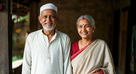Elderly indian couple in traditional attire posing happily in rural settingの素材
