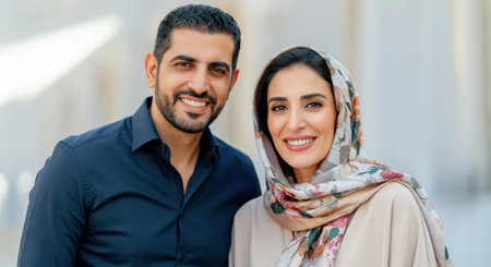 Happy middle eastern couple smiling outdoors in elegant attire for an urban lifestyle conceptの素材