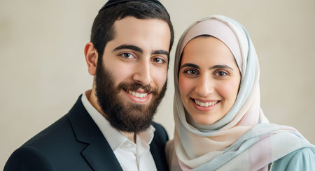 Elegant middle eastern couple smiling in traditional attire for cultural celebrationの素材