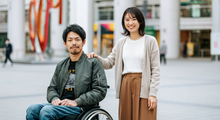 Inclusive urban scene with young asian man in wheelchair and asian female companion outdoorsの素材