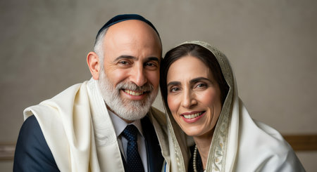 Jewish couple smiling in traditional attire highlighting joyful connection and cultural heritageの素材