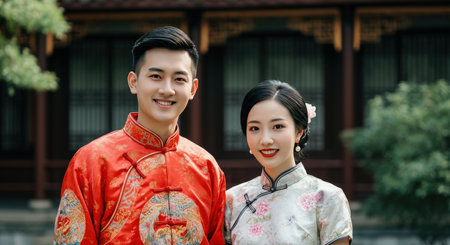 Traditional asian couple in cultural attire at historic temple setting for festive celebrationの素材
