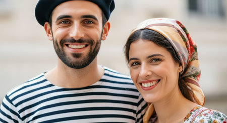 Smiling young caucasian couple in urban setting wearing striped shirt and floral headscarfの素材