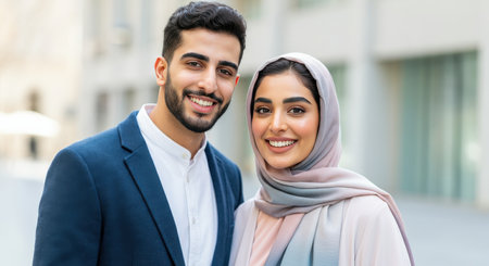 Confident middle eastern young adults smiling in urban setting for business conceptの素材