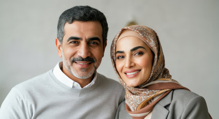 Mature middle eastern couple smiling in casual and traditional attireの素材