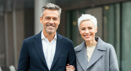 Mature caucasian professional couple smiling outdoors in urban settingの素材