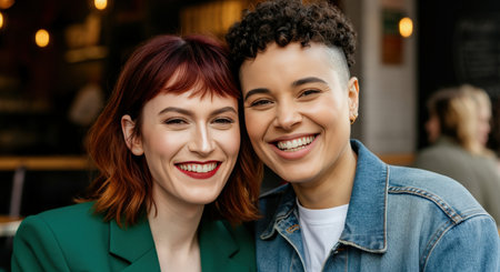 Joyful moment of friendship between young caucasian and hispanic women at a cafeの素材