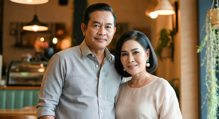Mature asian couple posing in stylish cafe setting for relaxed lifestyle portraitの素材