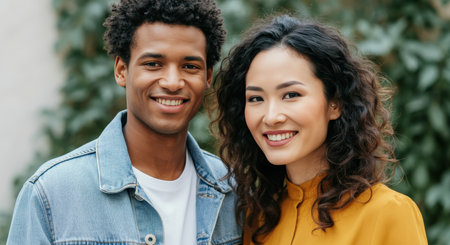 Smiling multiracial young couple embracing diversity in casual outdoor settingの素材