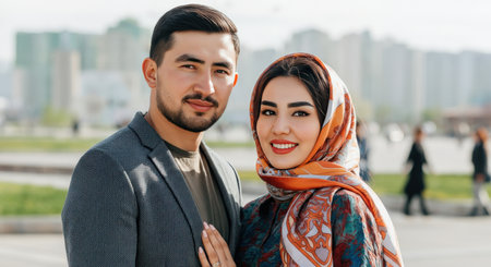 Happy middle eastern couple in urban parkの素材