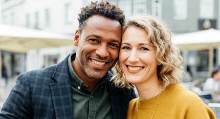 Cheerful interracial couple posing outdoors in urban settingの素材