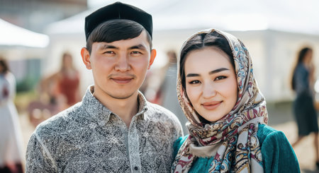 Celebration of cultural diversity with young asian adults in traditional attireの素材