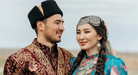 Traditional central asian couple in cultural attire outdoorsの素材