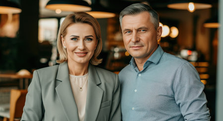 Professional caucasian male and female, mature adults in elegant business attire in contemporary workspaceの素材