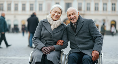 Elderly caucasian couple embracing in wheelchairs outdoors in winter apparelの素材