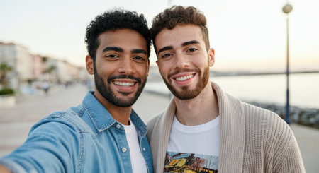 Joyful friendship between young adult male friends on scenic coastal walkwayの素材