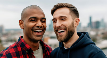 Urban friendship and diversity with smiling young men in cityscape backgroundの素材