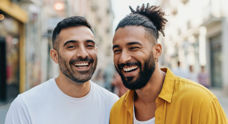 Joyful urban stroll with two diverse young menの素材