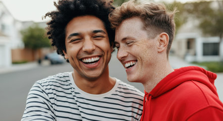 Joyful friendship of young multiracial men laughing on a city streetの素材