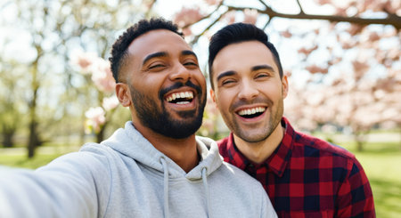 Joyful friendship between diverse young men in a blossom-filled parkの素材