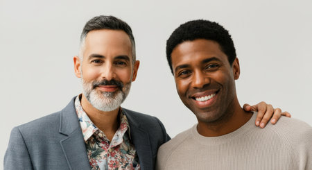 Friendly collaboration between mature hispanic and african american men in casual attireの素材