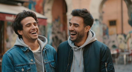 Two young hispanic men laughing outdoors in urban city scene for casual friendship and lifestyle conceptsの素材