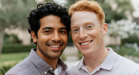 Interracial male friendship portrait outdoors featuring young hispanic and caucasian adultsの素材