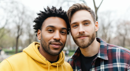 Friendship between young african and caucasian males outdoorsの素材