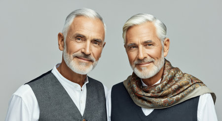 Elegant portrait of mature caucasian males with gray hair in stylish attireの素材