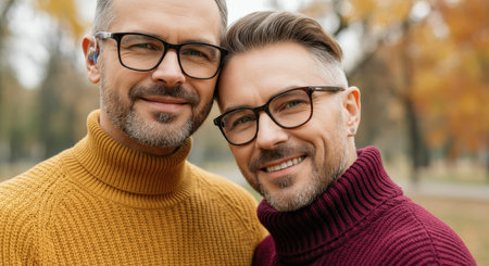 Diverse mature male couple in cozy autumn setting for friendship and inclusivity themeの素材