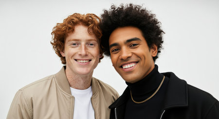 Friendship and diversity portrait of young caucasian and african descent men smiling togetherの素材
